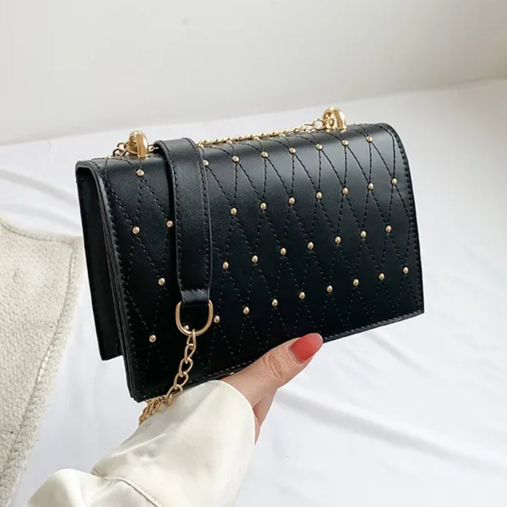 Rivet Detail Studded Chic Crossbody Purse Bag, Black